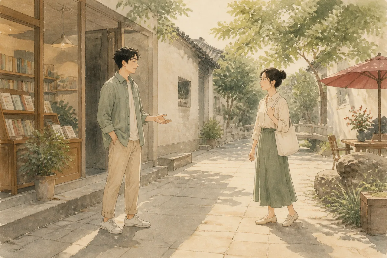 书店外的两个人保持舒适距离,一方清楚而尊重地提出邀请