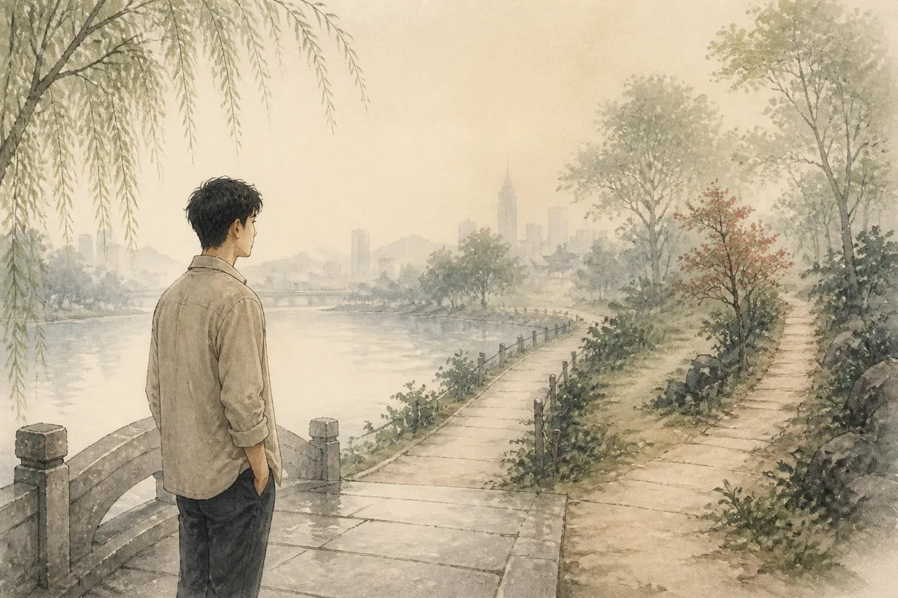 一个人在河畔岔路前停下,重新考虑时间与感情该投向哪里