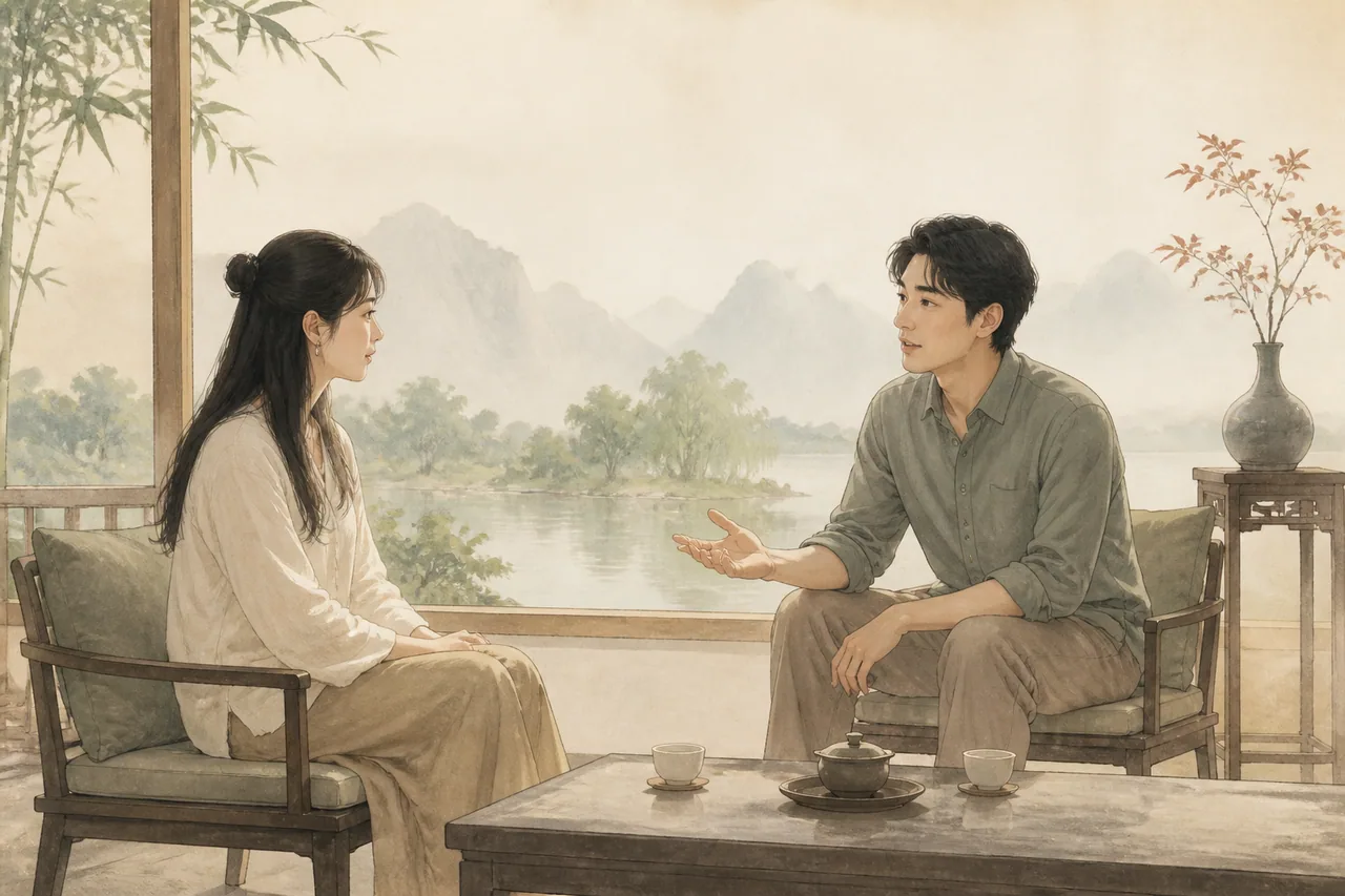 两个人在安静的茶室里进行一次自然、平和的交流