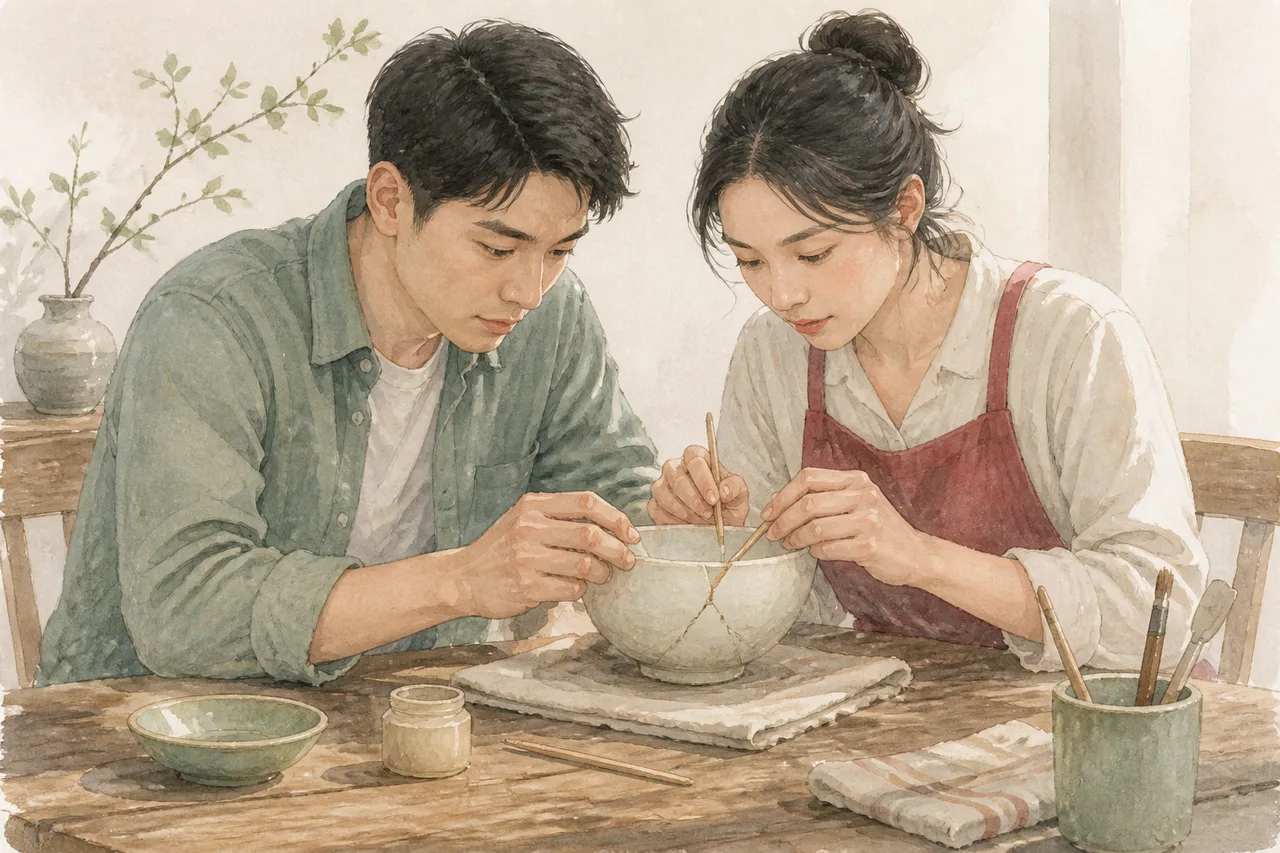 两个人一起修补一只裂纹陶碗,用持续行动象征信任修复
