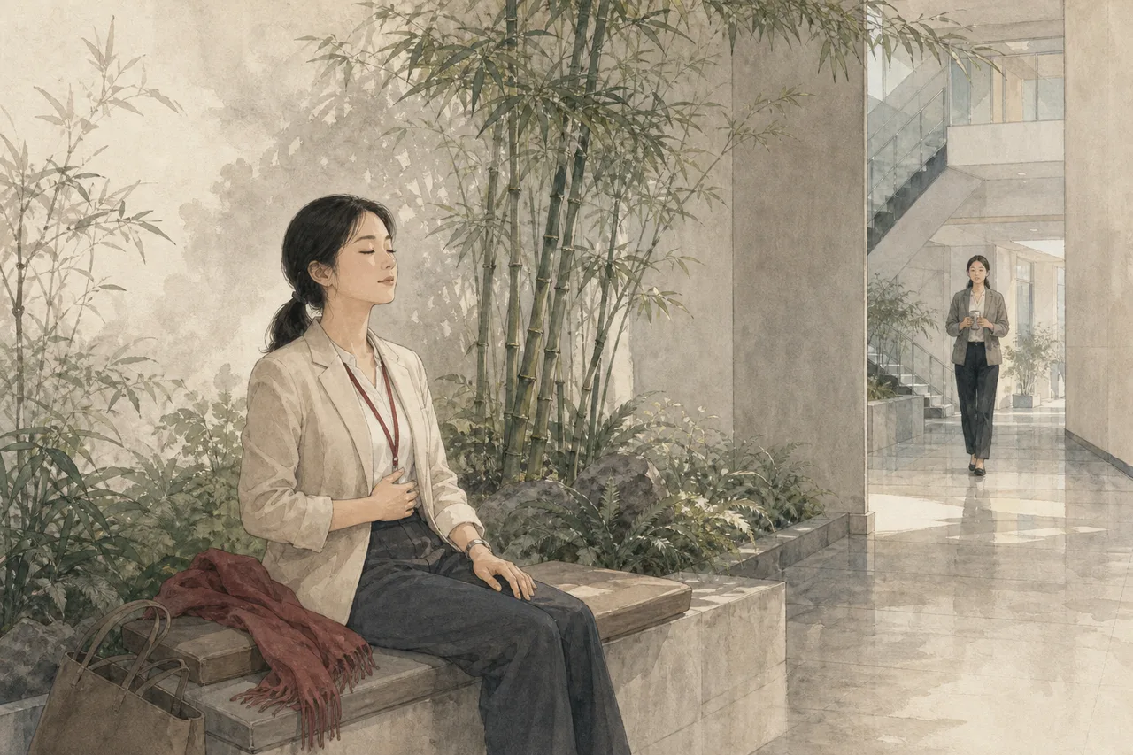 被公开否定后的人在办公楼安静角落慢慢恢复,远处有人支持