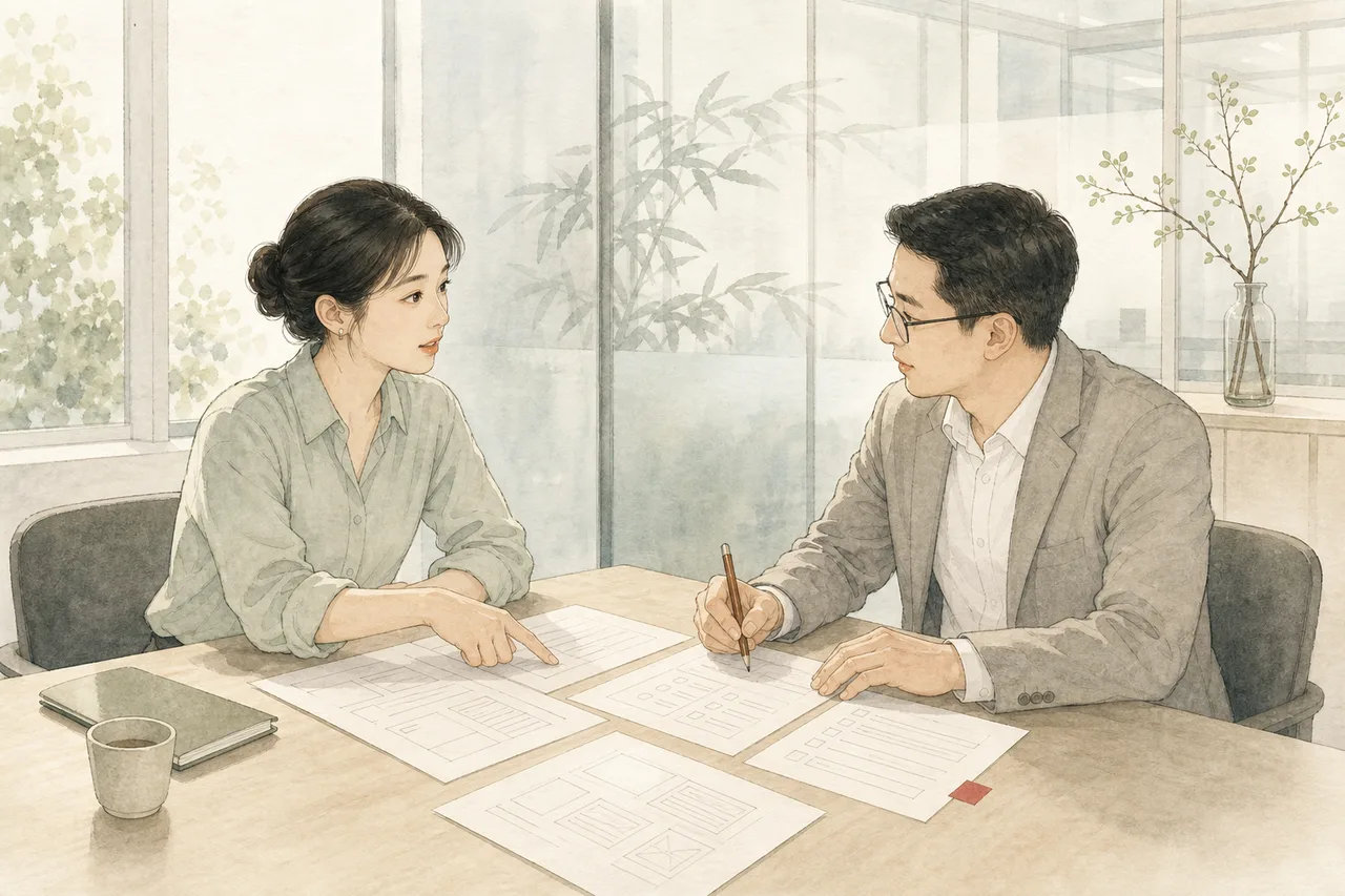 员工与领导在明亮会议室平静确认任务标准和优先级