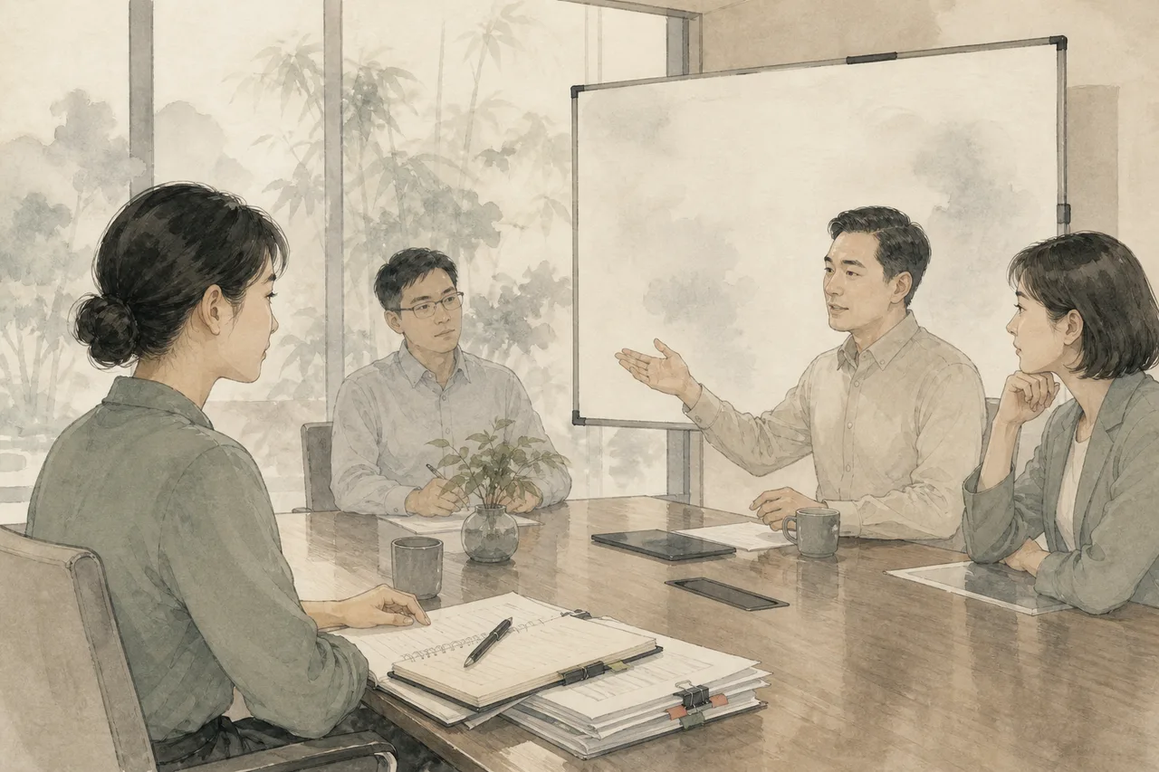 员工在会议桌前面对模糊评价,并记录可以核对的工作事实